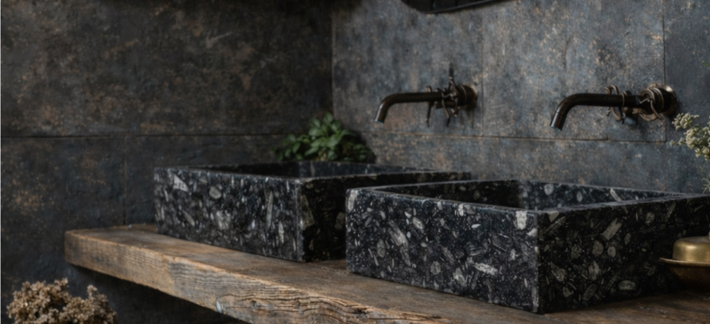Vasque carrée — marbre fossilifère noir & blanc