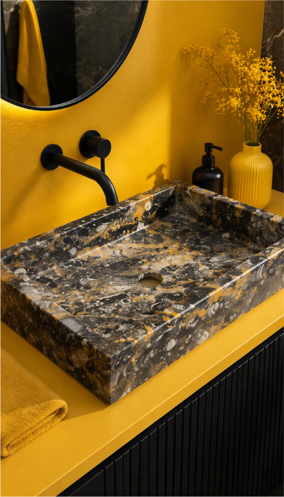Vasque rectangulaire — marbre fossilifère jaune & noir