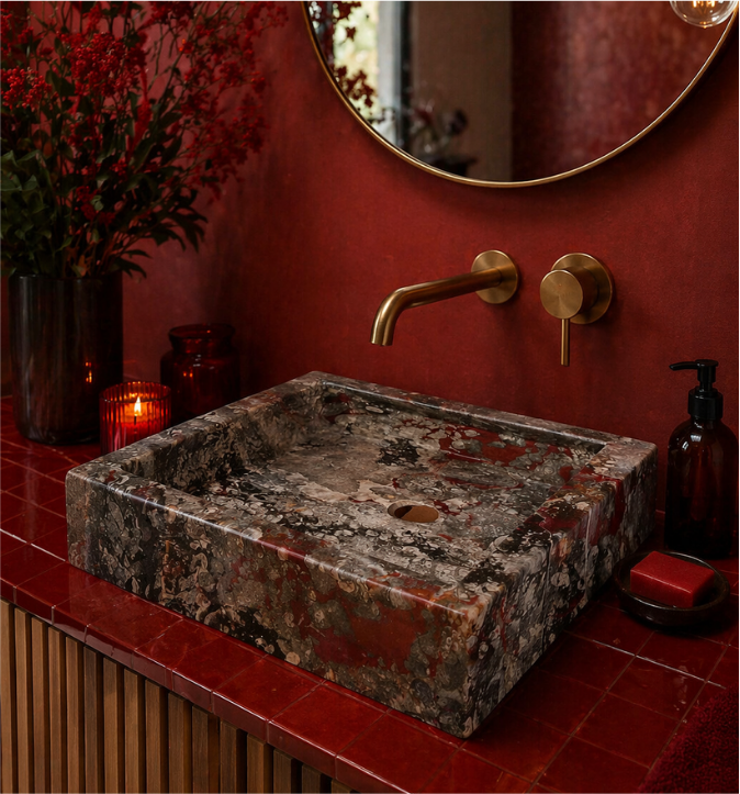 Vasque rectangulaire — marbre fossilifère rouge & gris