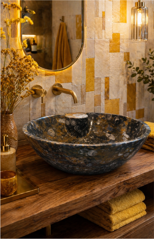 Vasque ronde — marbre fossilifère jaune, gris & blanc