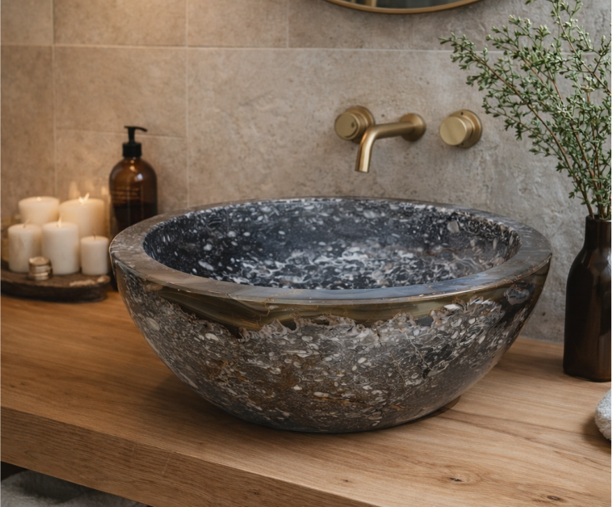 Vasque ronde — marbre fossilifère noir & gris