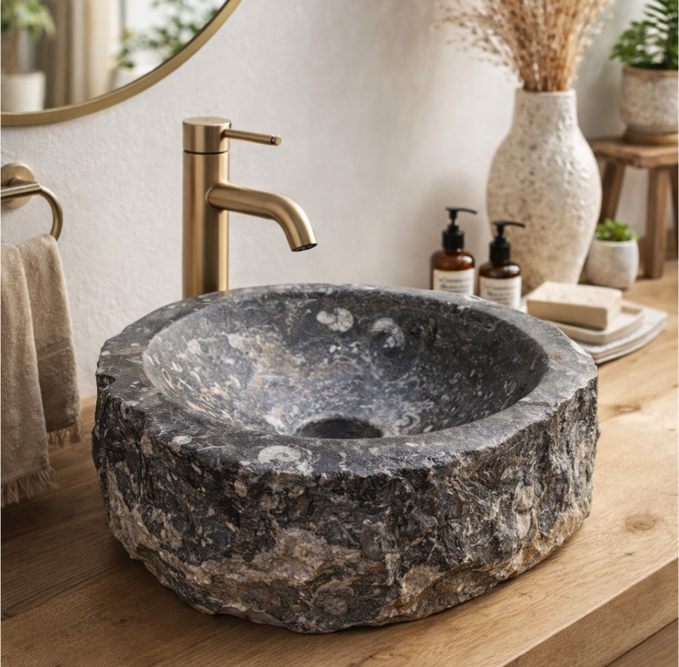 Vasque ronde brute — marbre fossilifère gris