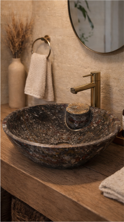 Vasque ronde — marbre fossilifère gris, rouge & blanc