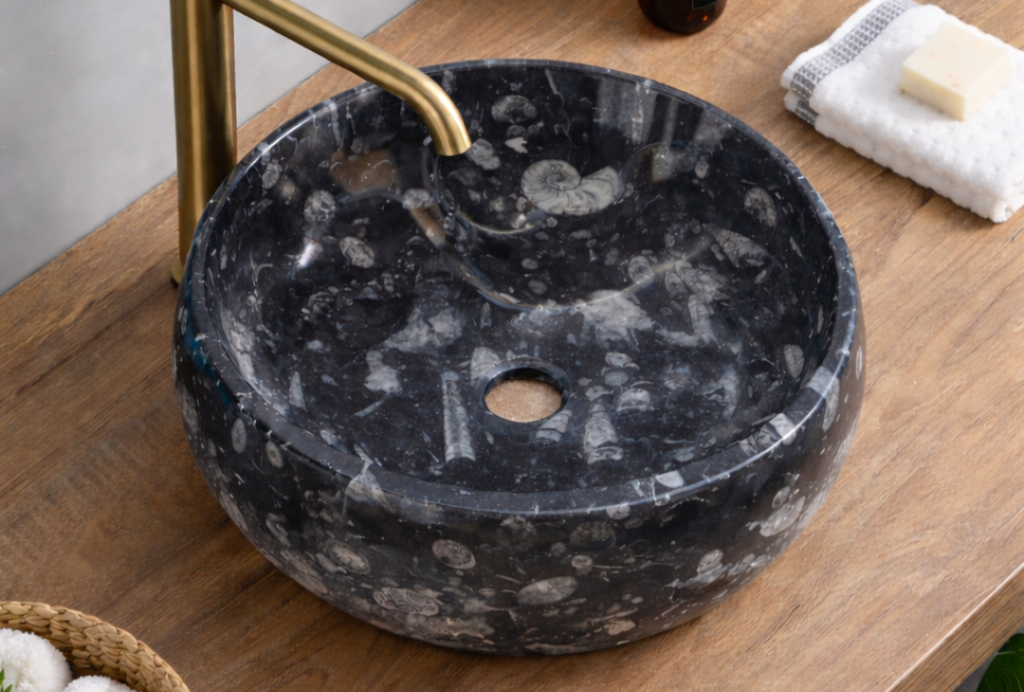 Vasque ronde — marbre fossilifère noir orthocères