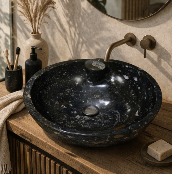 Vasque ronde polie — marbre fossilifère noir